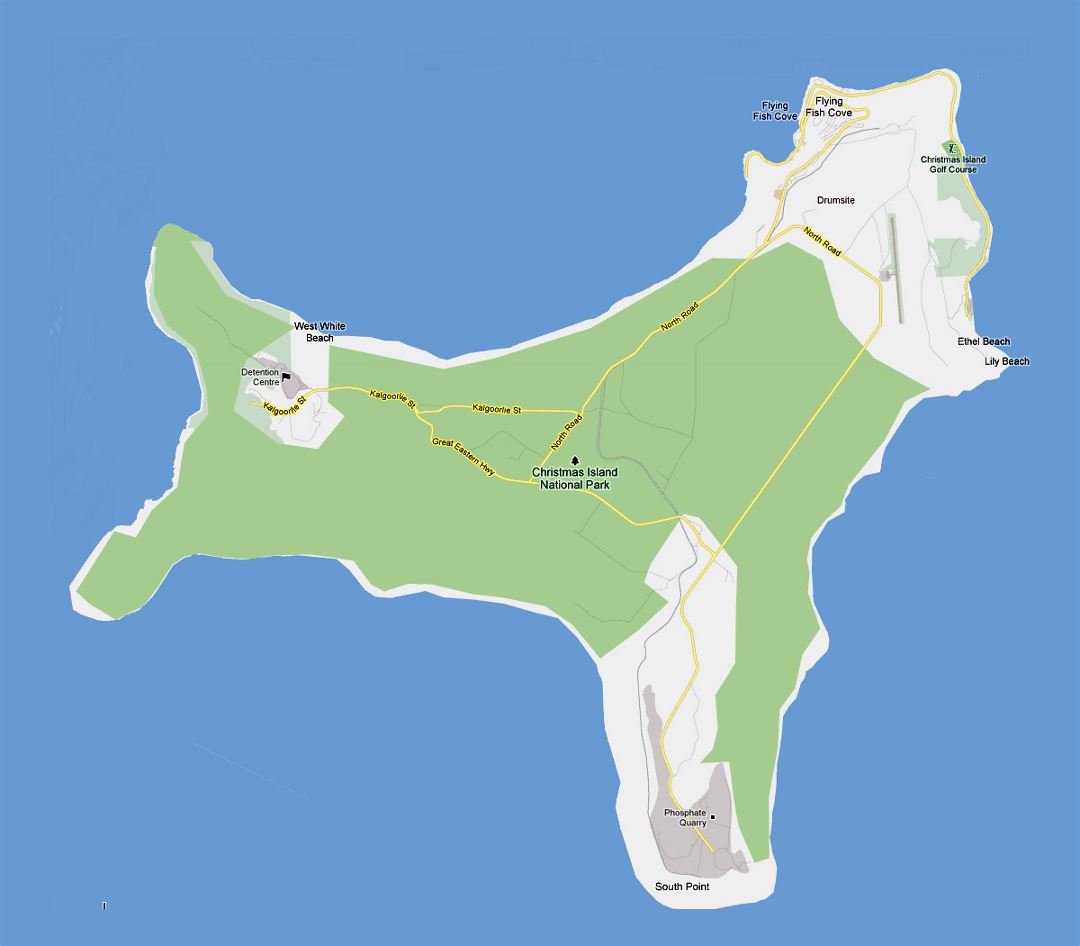 Detailed road map of Christmas Island with cities