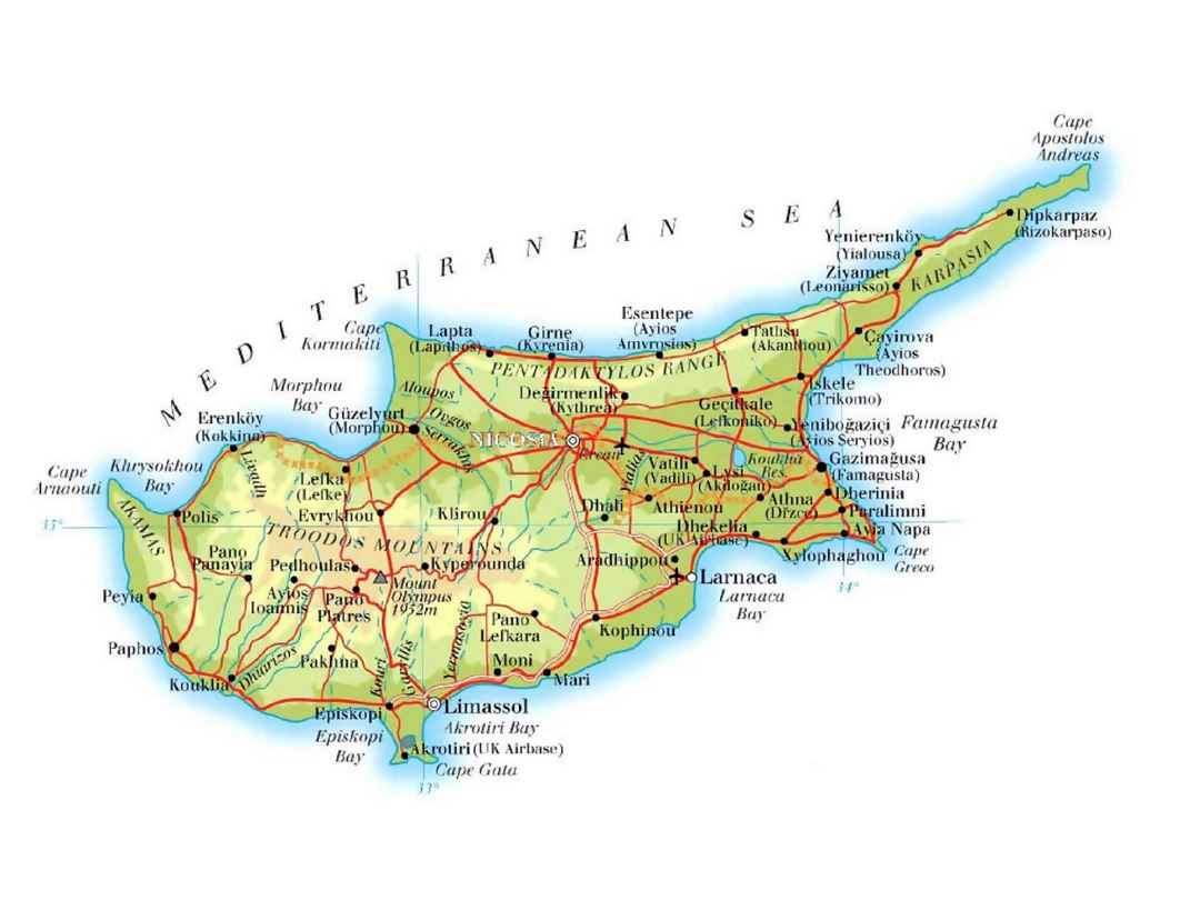 Detailed elevation map of Cyprus with roads, cities and airports