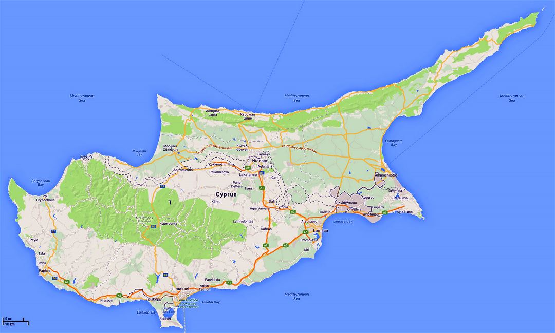 Detailed road map of Cyprus with relief