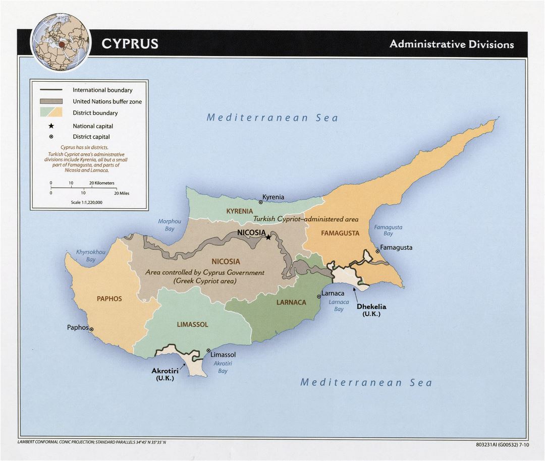 Large administrative divisions map of Cyprus - 2010