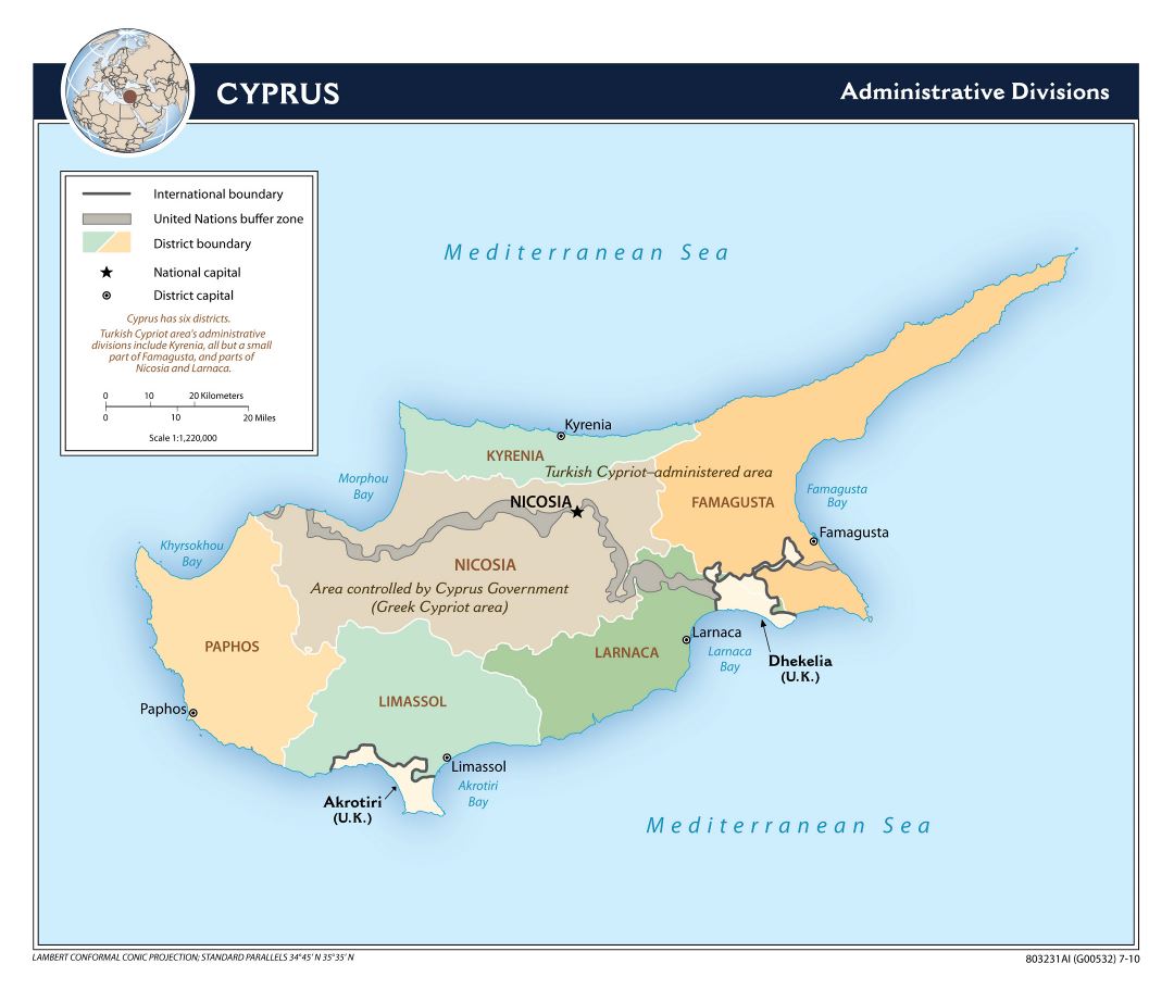 Large detailed administrative divisions map of Cyprus - 2010