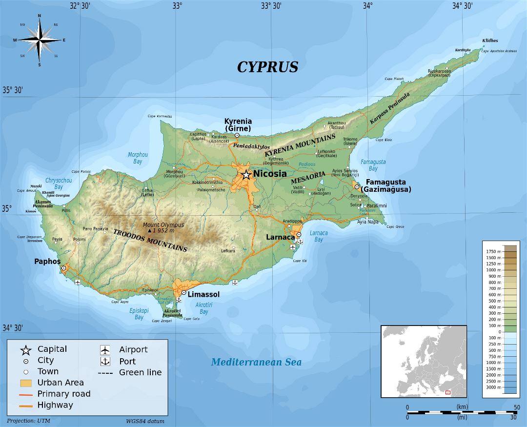 Large detailed physical map of Cyprus
