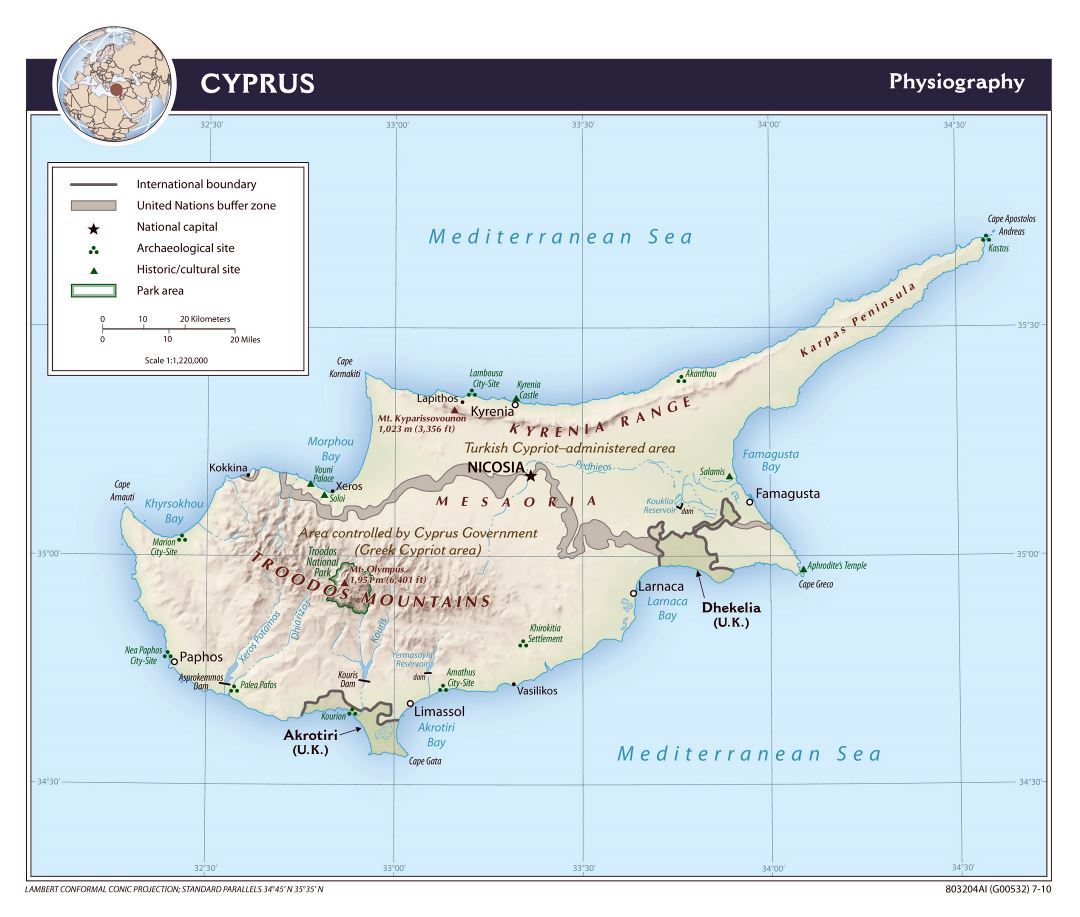 Large detailed physiography map of Cyprus - 2010