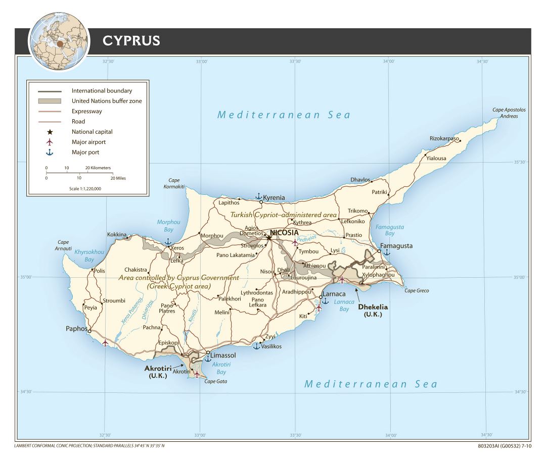 Large detailed political map of Cyprus with roads, major cities, sea ports and airports - 2010