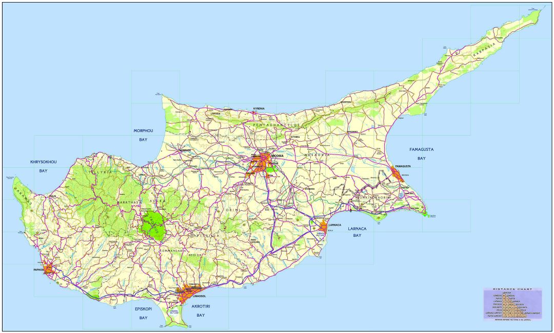 Large detailed road map of Cyprus with cities
