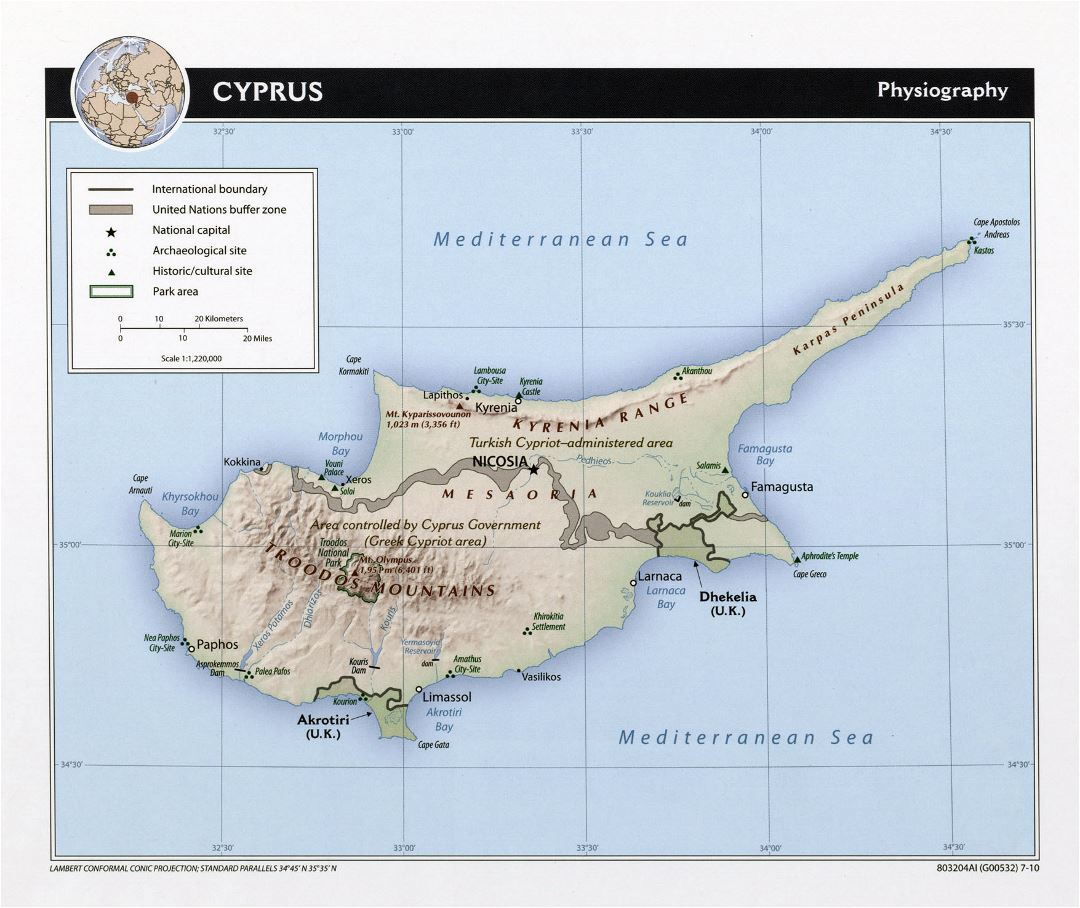 Large physiography map of Cyprus - 2010