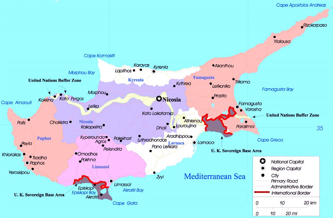 Large political and administrative map of Cyprus with major cities