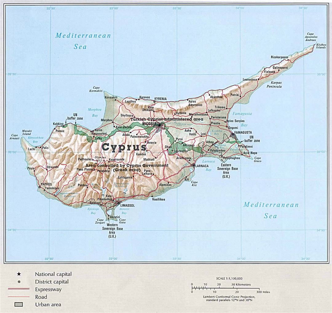 Large political map of Cyprus with relief, roads and cities