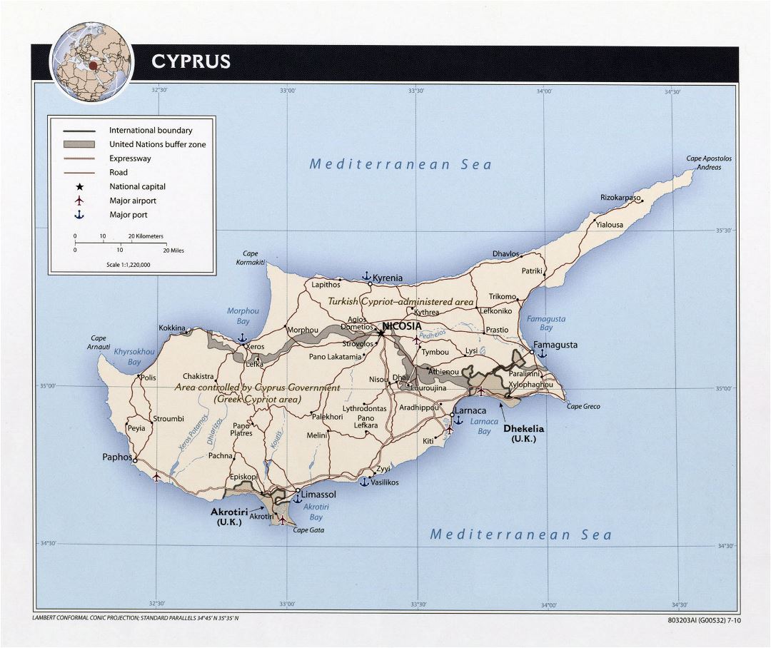Large political map of Cyprus with roads, major cities, sea ports and airports - 2010