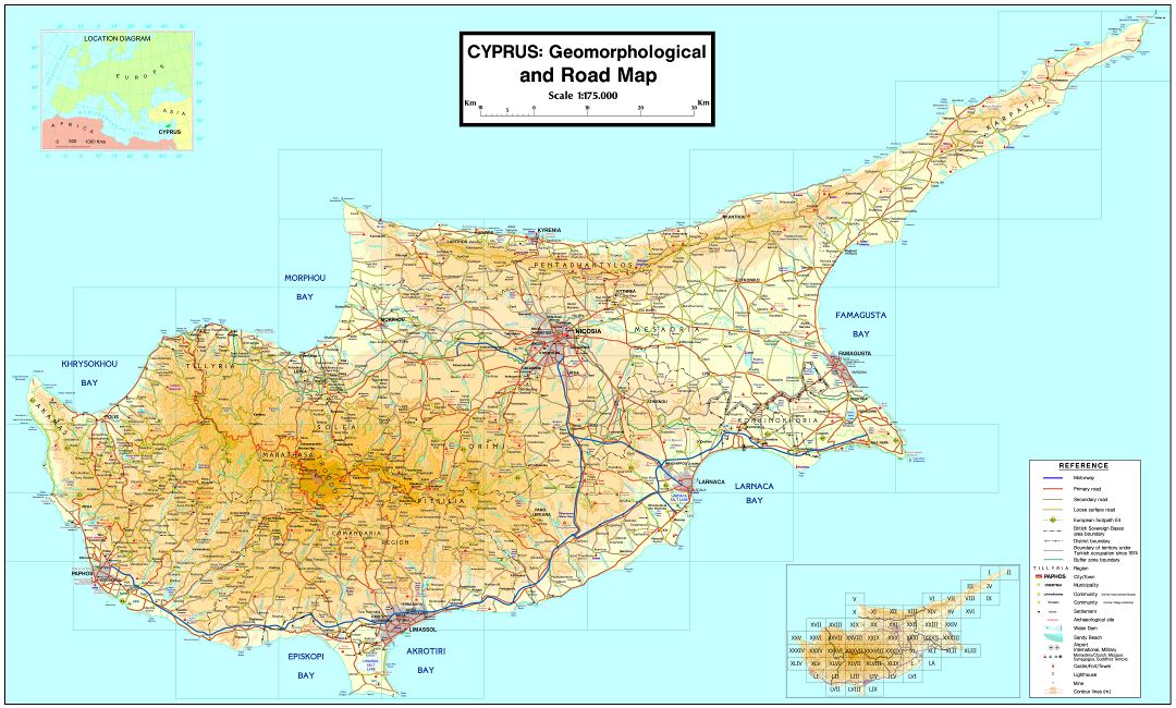 Large scale geomorphological map of Cyprus with roads and cities