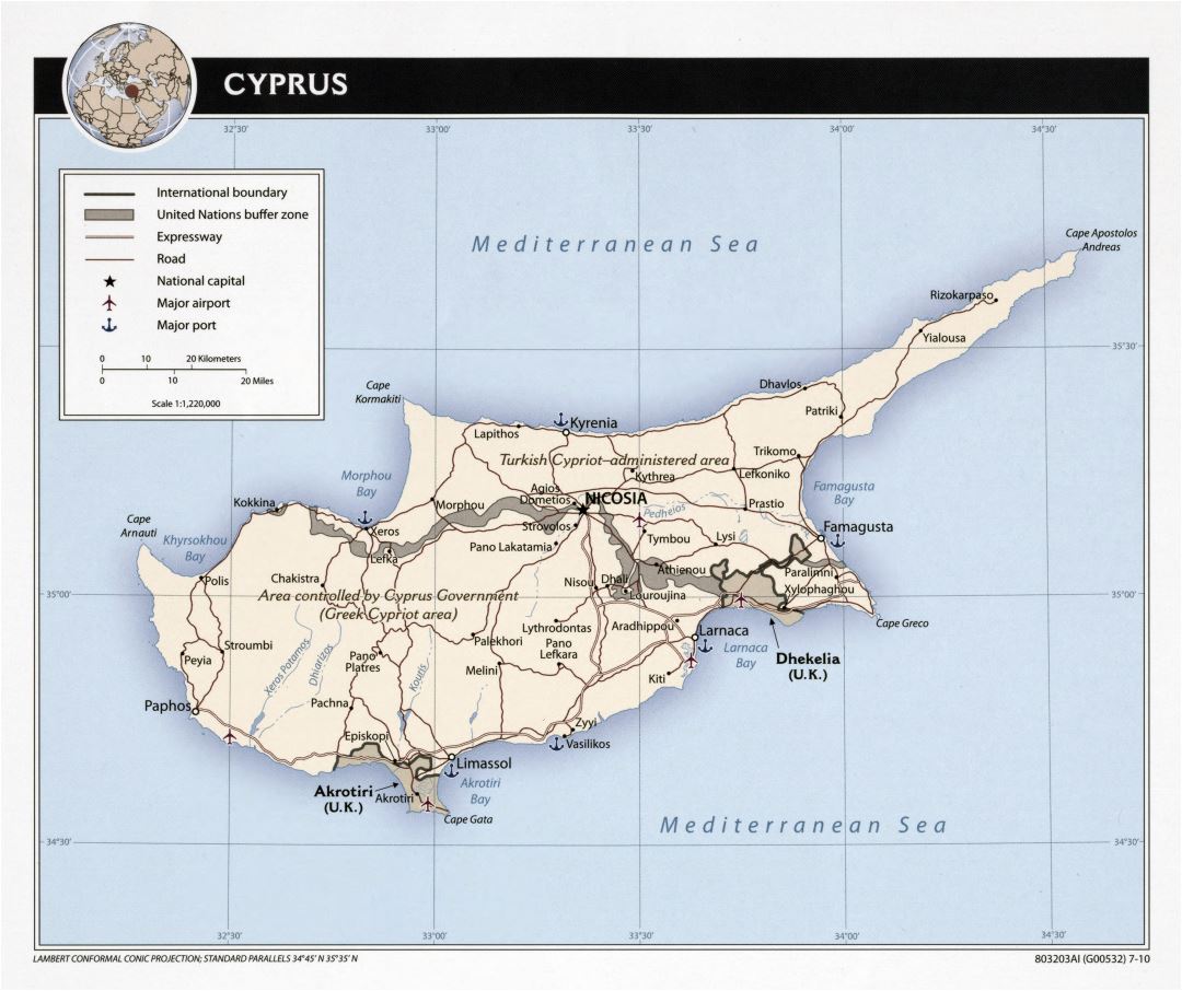 Large scale political map of Cyprus with roads, major cities, sea ports and airports - 2010
