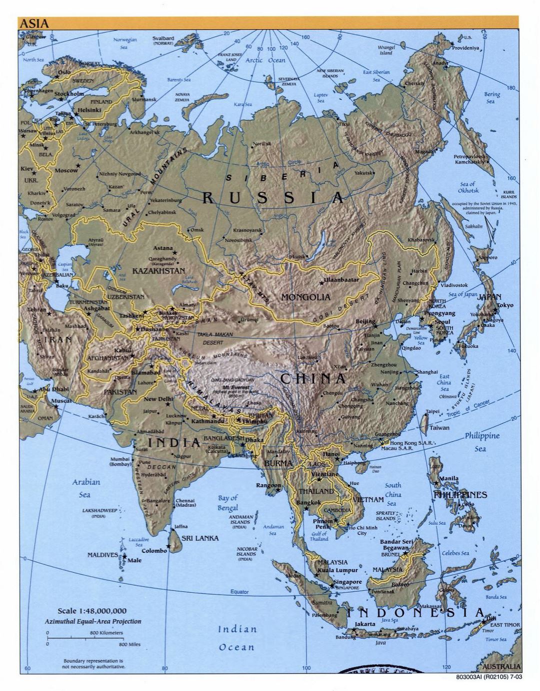 Detailed political map of Asia with relief and capitals - 2003