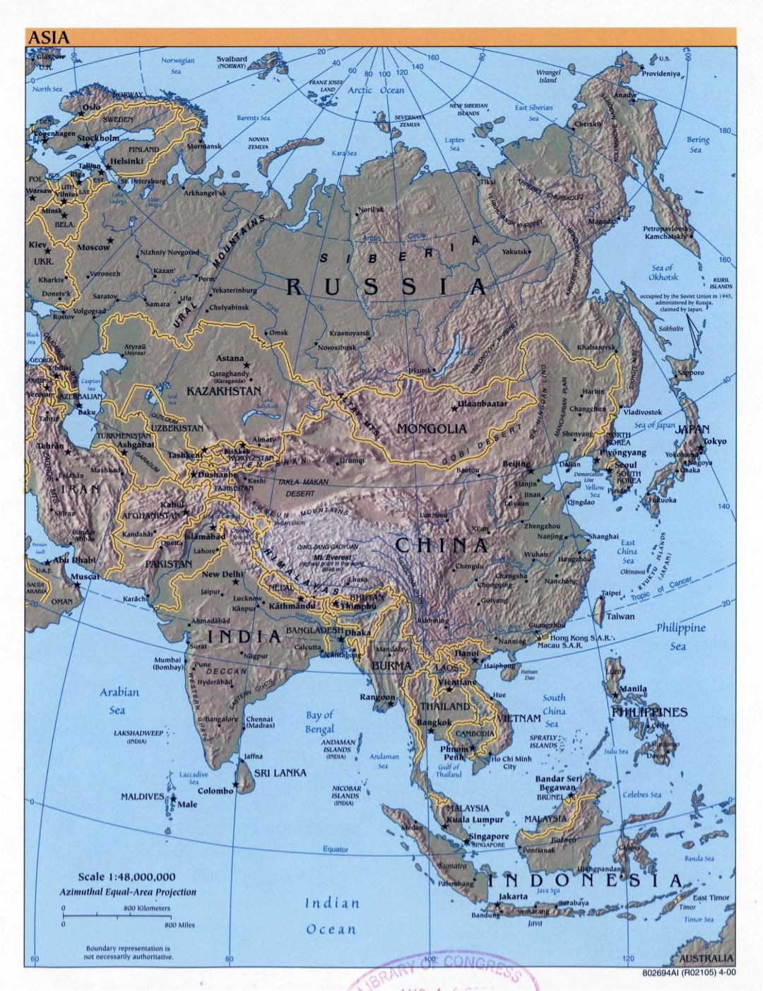 Detailed political map of Asia with relief, major cities and capitals - 2000