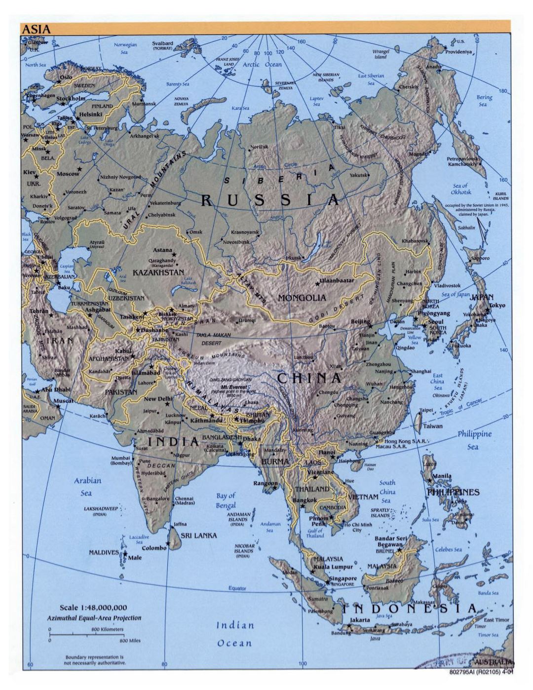 Detailed political map of Asia with relief, major cities and capitals - 2001