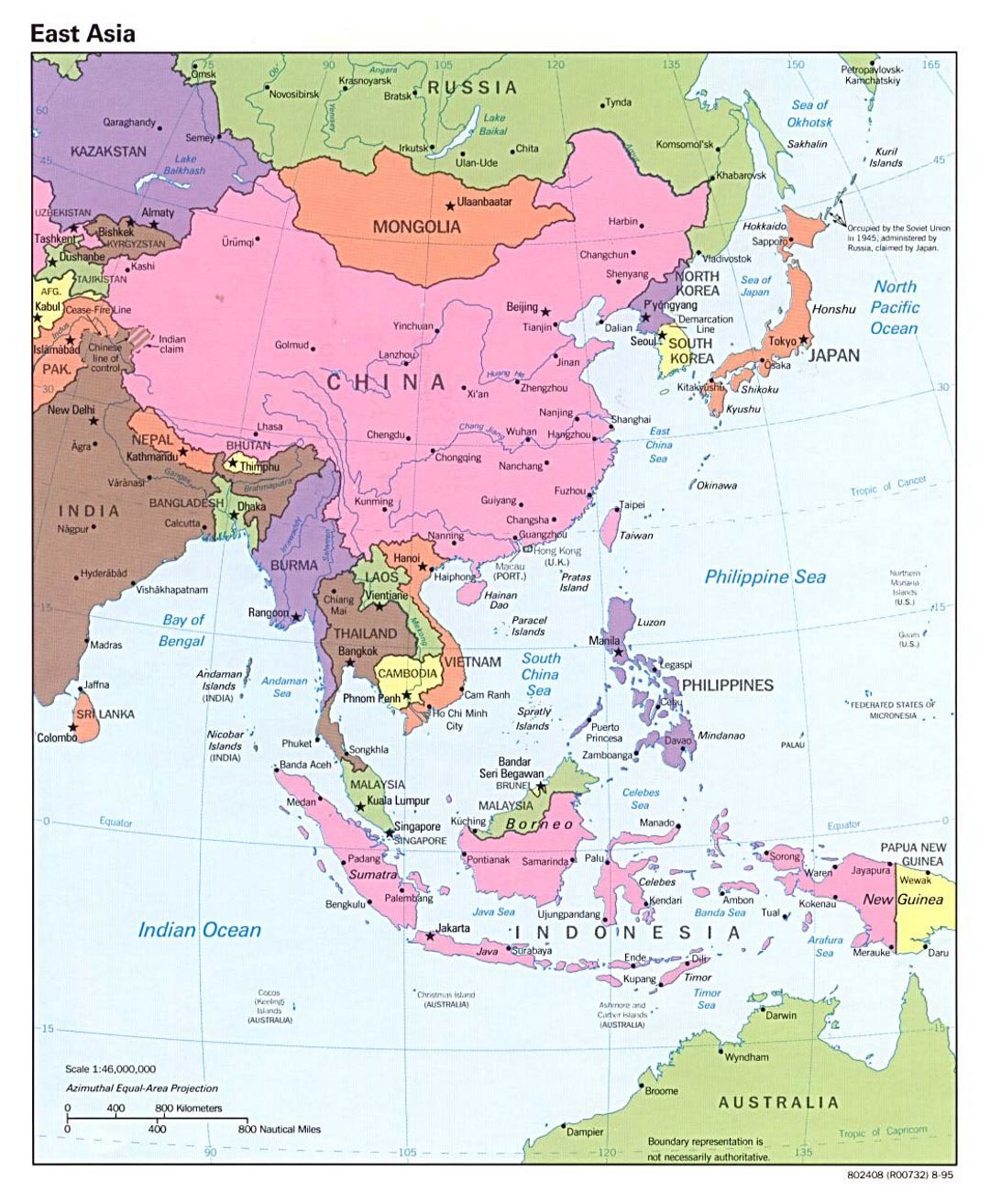 Detailed political map of East Asia with capitals - 1995