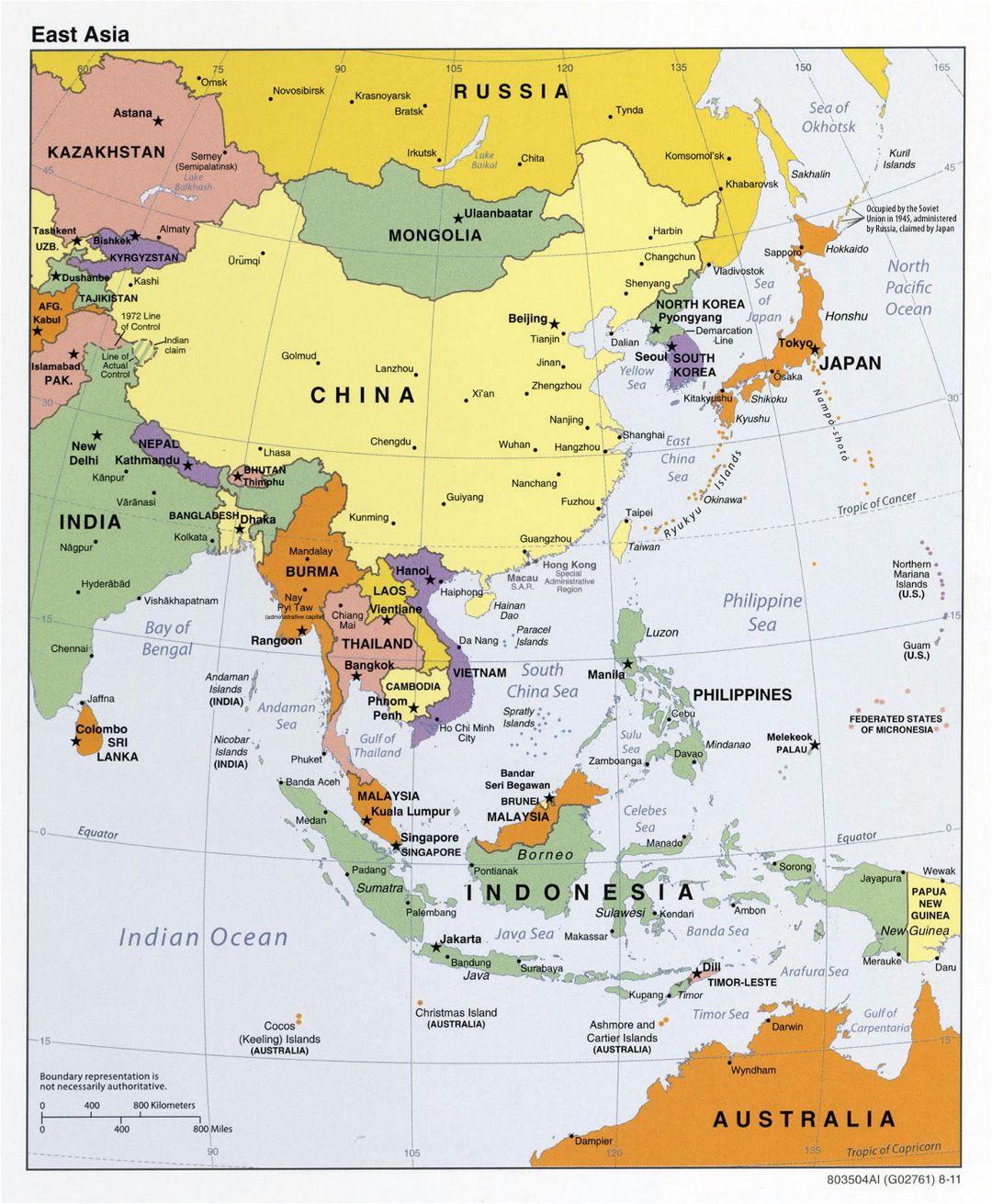 Large detailed political map of East Asia - 2011