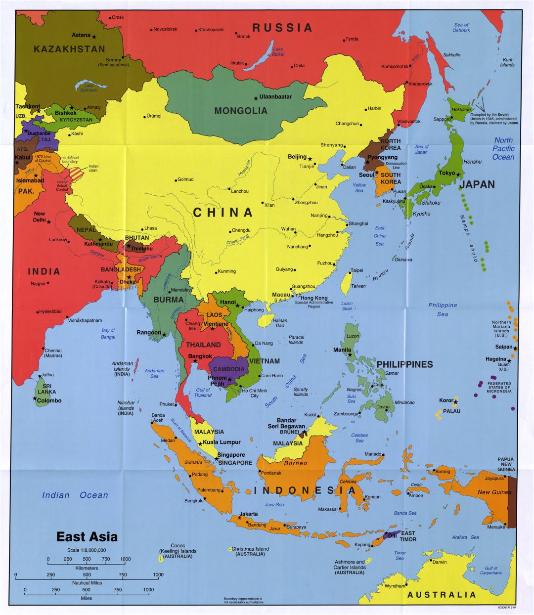 Large detailed political map of East Asia with major cities and capitals - 2004