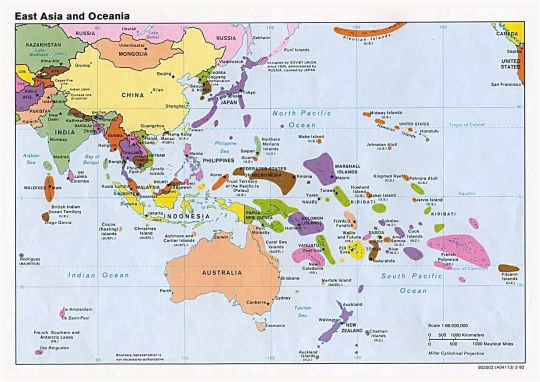 Large political map of East Aisa and Oceania with capitals - 1992
