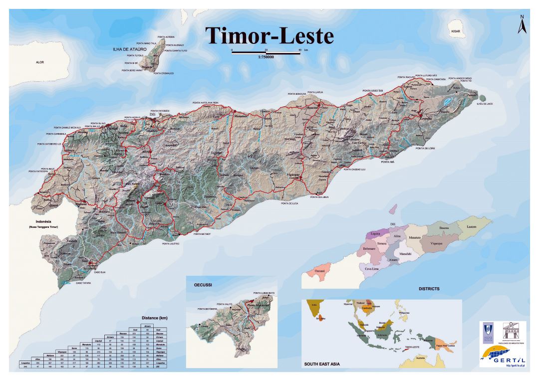 Detailed map of Timor Leste with relief, roads and cities