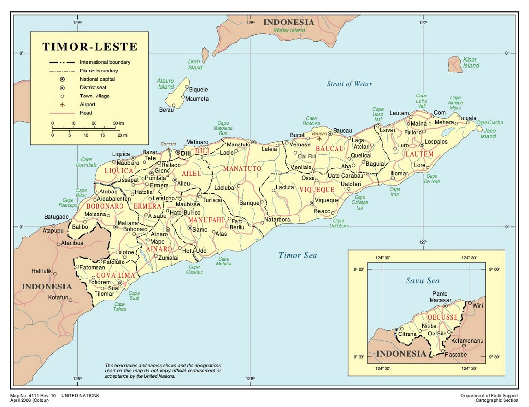 Detailed political and administrative map of East Timor with roads, cities and airports