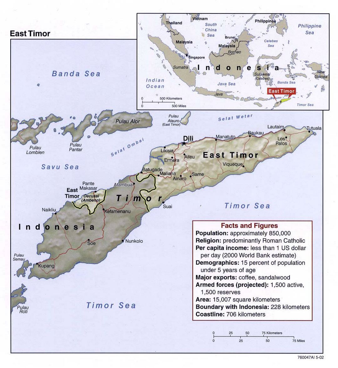 Detailed political map of East Timor with relief, roads and major cities - 2002
