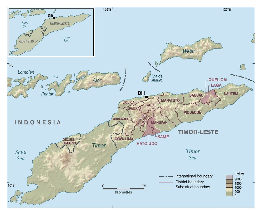 Large administrative map of East Timor with relief