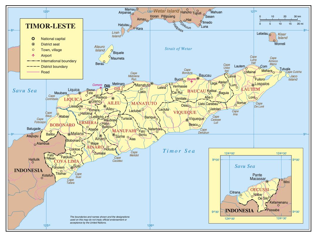 Large detailed political and administrative map of East Timor with roads, cities and airports