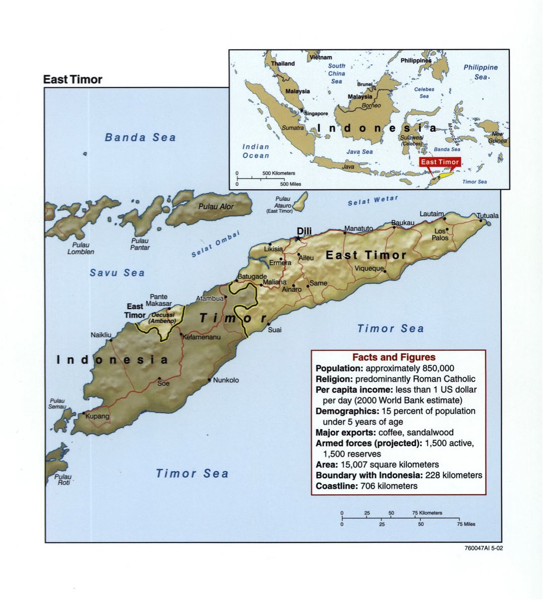 Large detailed political map of East Timor with relief, roads and major cities - 2002