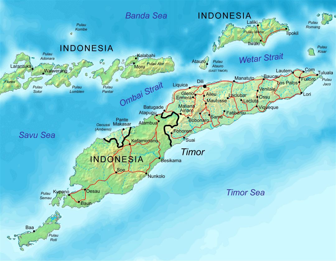Large relief map of Indonesia and East Timor with roads