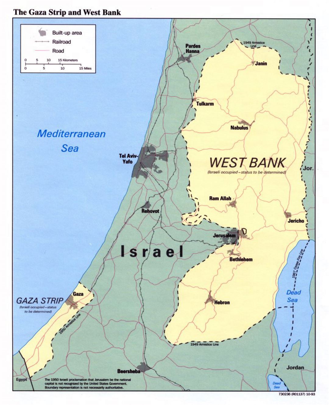 Detailed political map of the Gaza Strip and West Bank - 1993