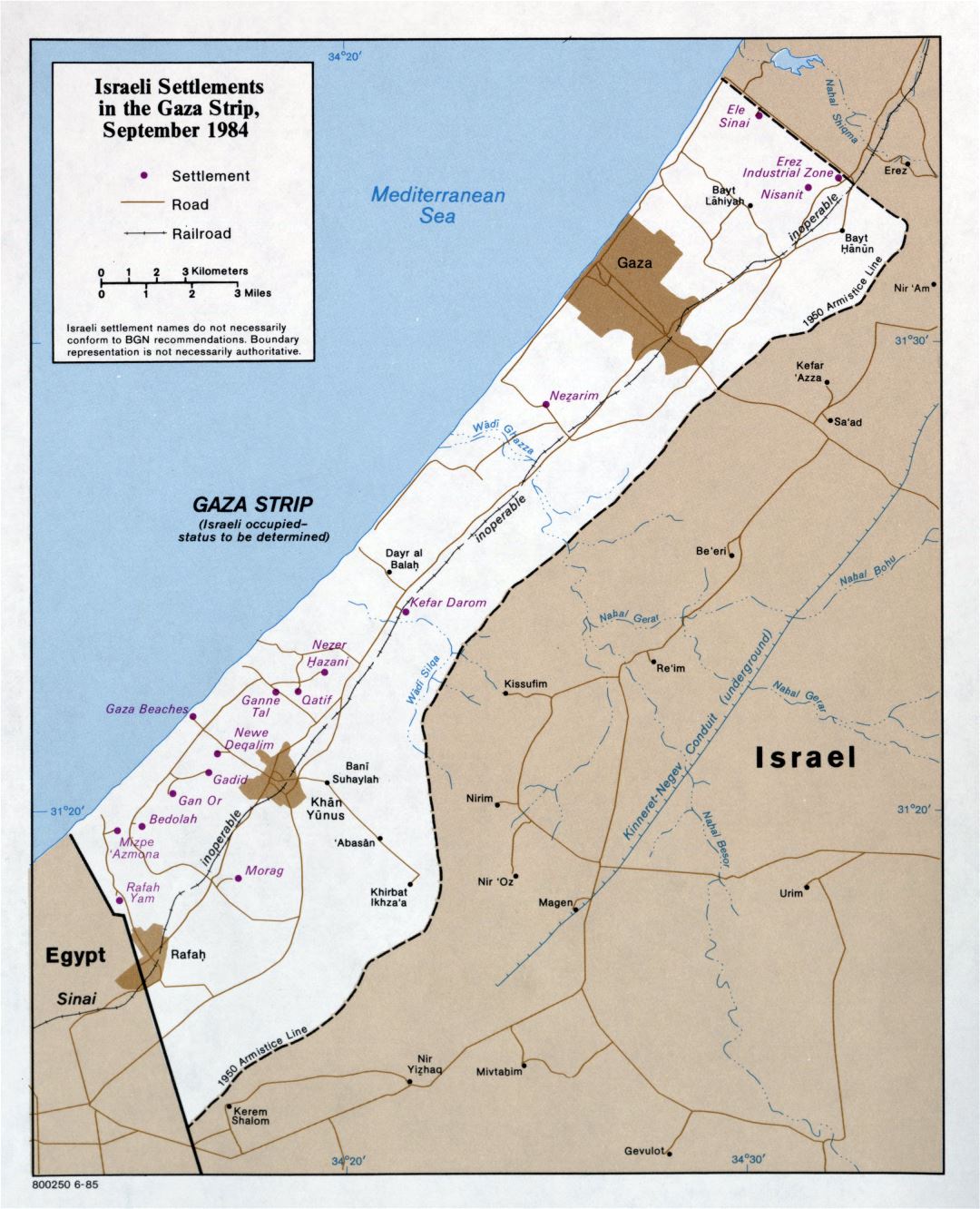 Large detailed map of Israeli Settlements in the Gaza Strip - 1985