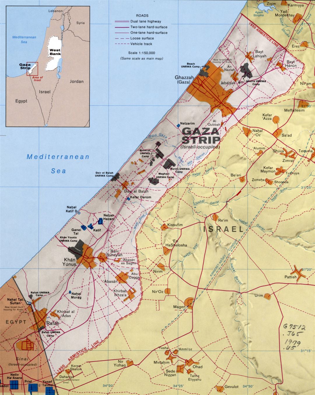 Large detailed political map of Gaza Strip with relief, roads, settlements and other marks