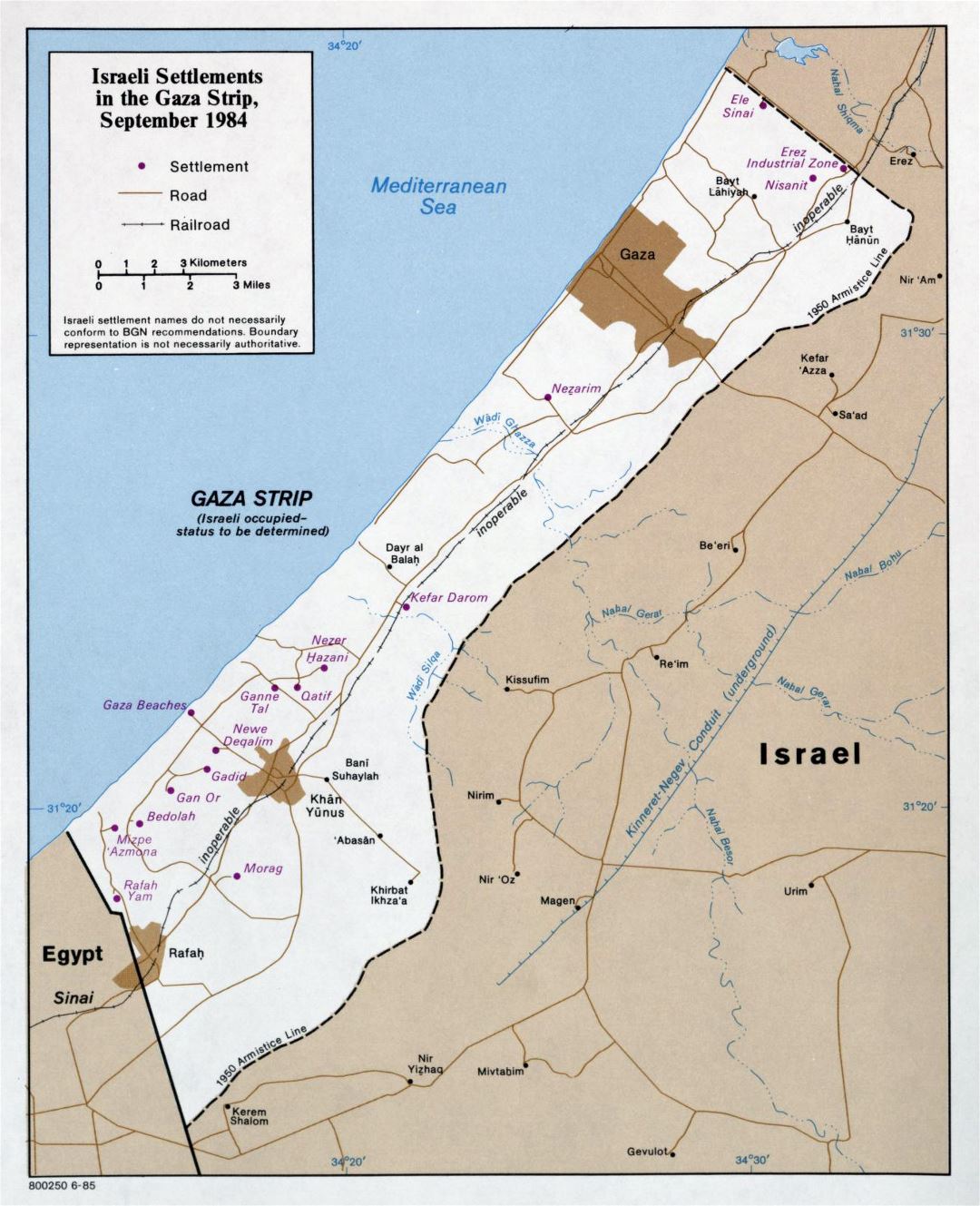 Large map of Israeli Settlements in the Gaza Strip - 1985