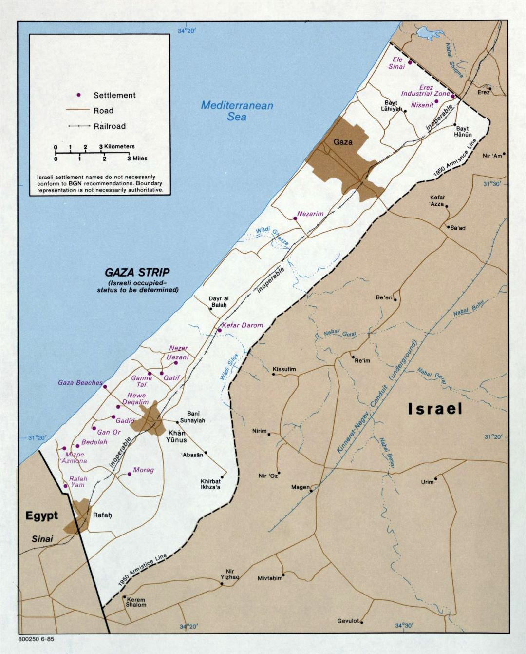 Large political map of Gaza Strip - 1985