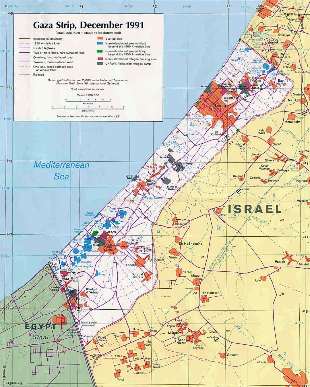 Large political map of Gaza Strip with roads, cities and other marks - 1991