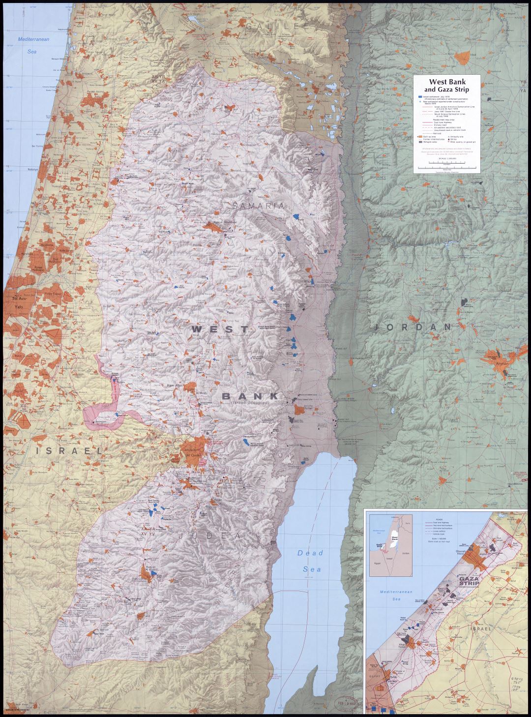 Large scale detailed map of West Bank and Gaza Strip with relief, roads, cities and other marks