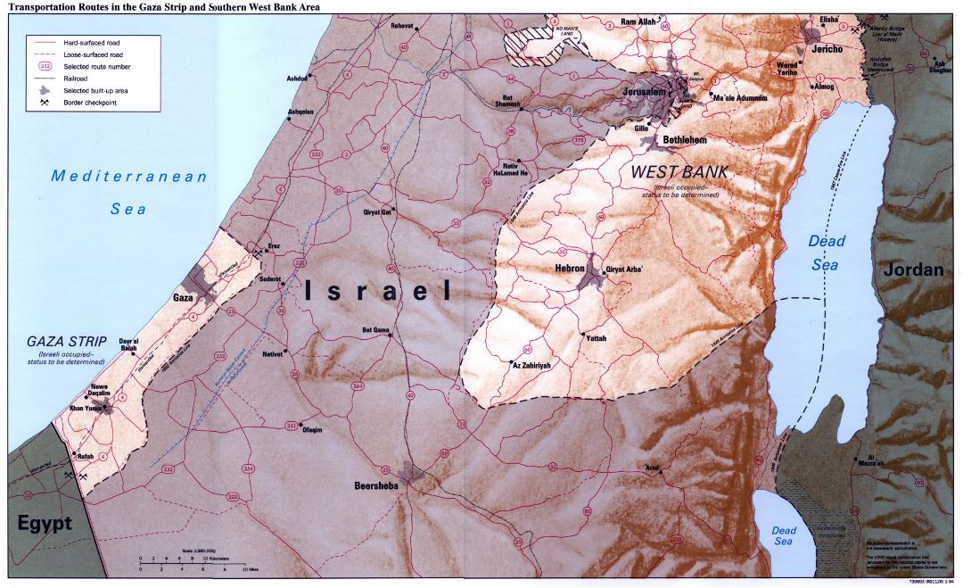 Large transportation routes in Gaza Strip and Southern West Bank Area map with relief - 1994