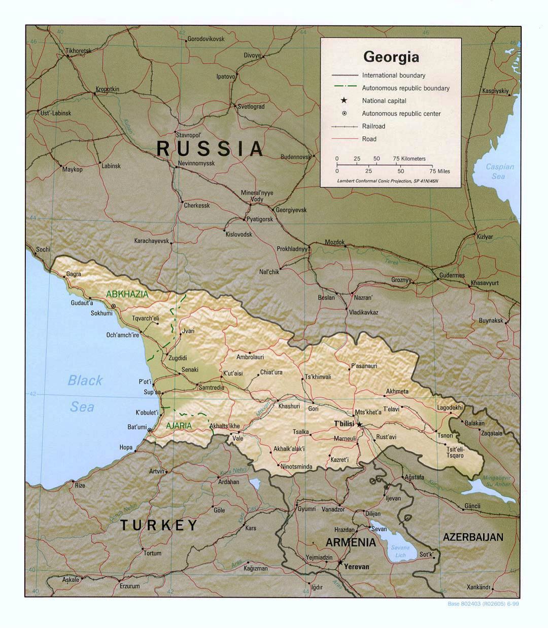Detailed political map of Georgia with relief, roads, railroads and major cities - 1999