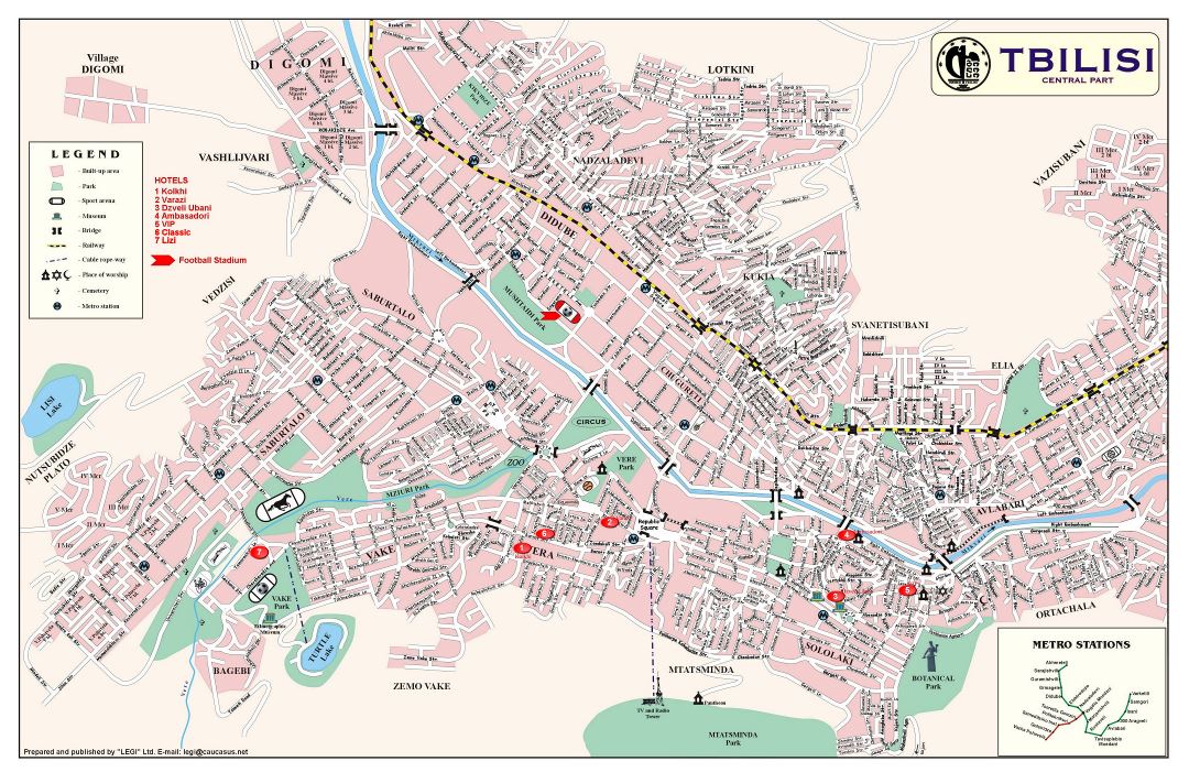 Large detailed map of Tbilisi city central part with street names