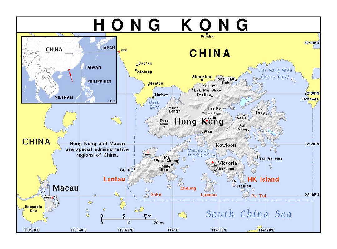 Detailed political map of Hong Kong with relief