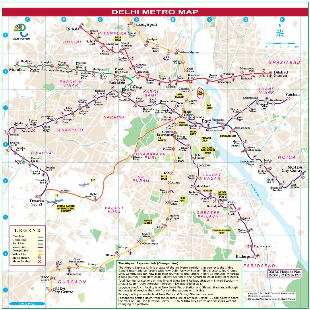 Large detailed metro map of Delhi city
