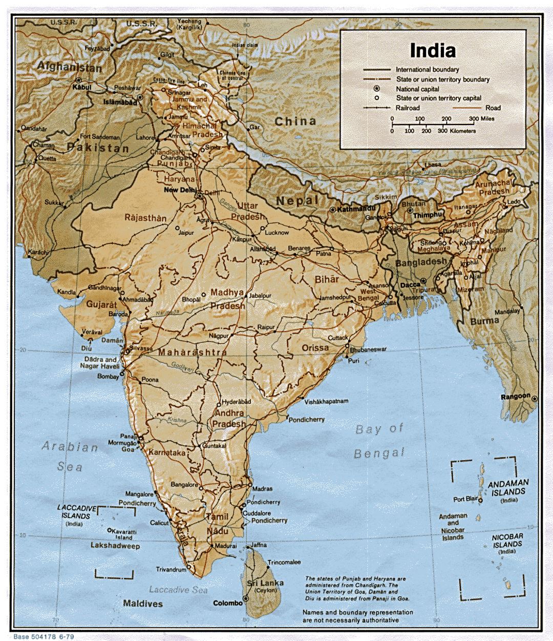 Detailed political and administrative map of India with relief, roads, railroads and major cities - 1979