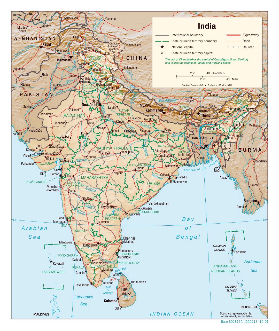 Large detailed political and administrative map of India with relief, roads, railroads and major cities - 2001