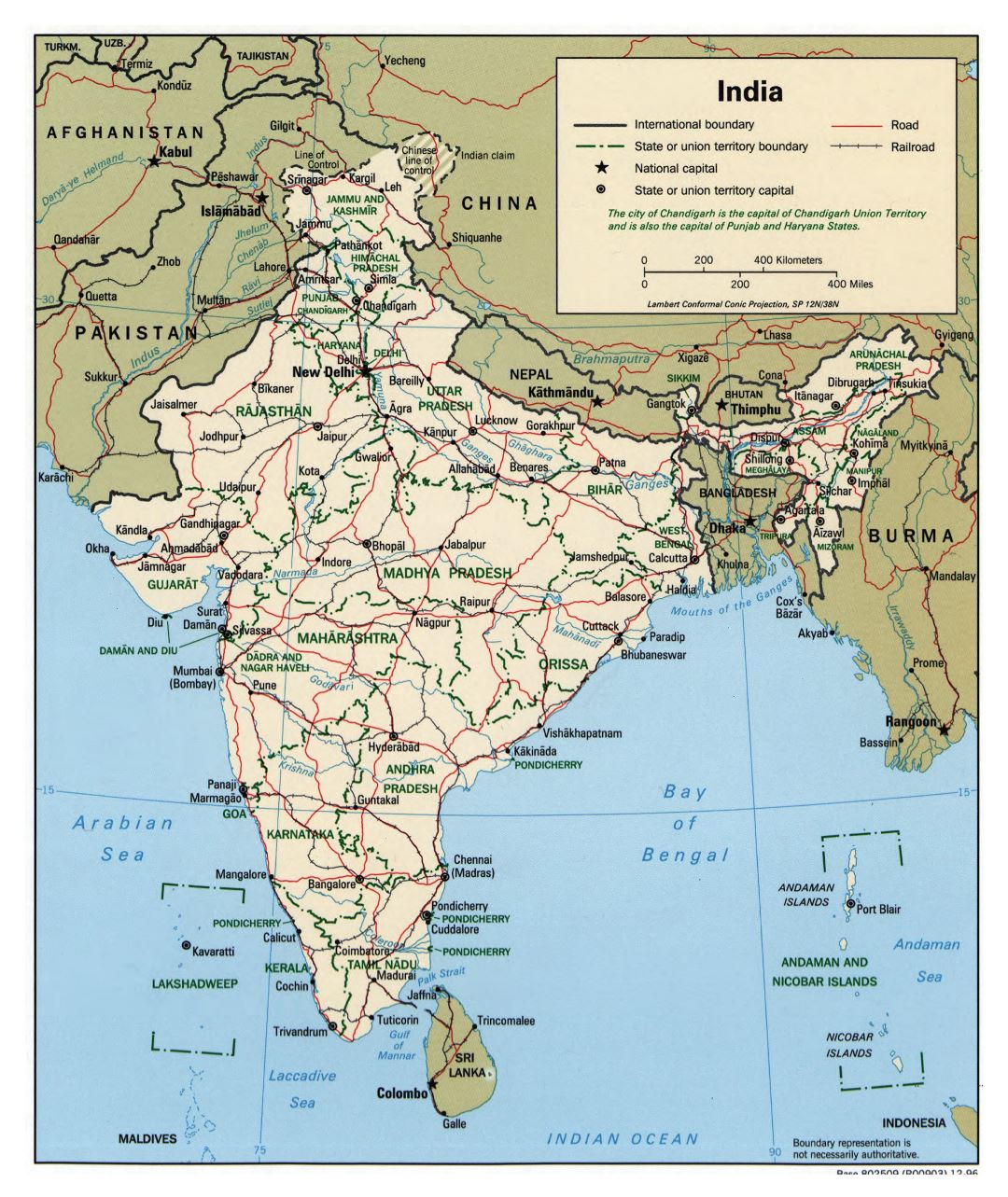 Large detailed political and administrative map of India with roads, railroads and cities - 1996