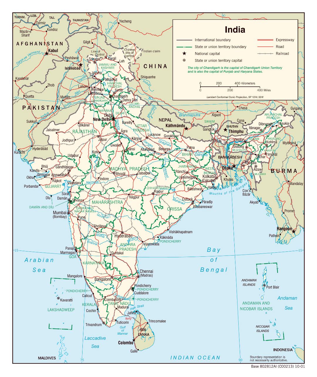 Large detailed political and administrative map of India with roads, railroads and major cities - 2001