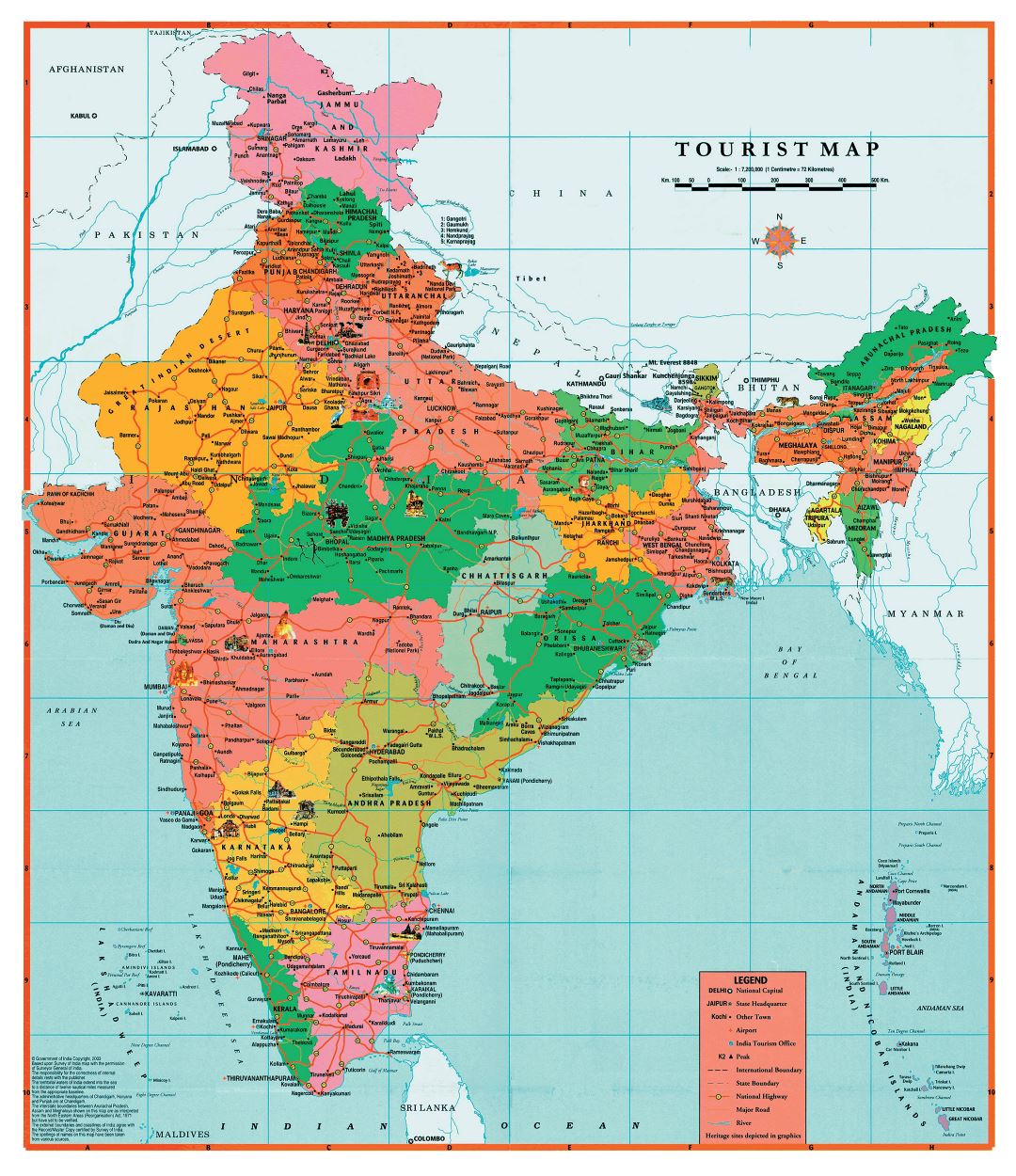 Large detailed tourist map of India