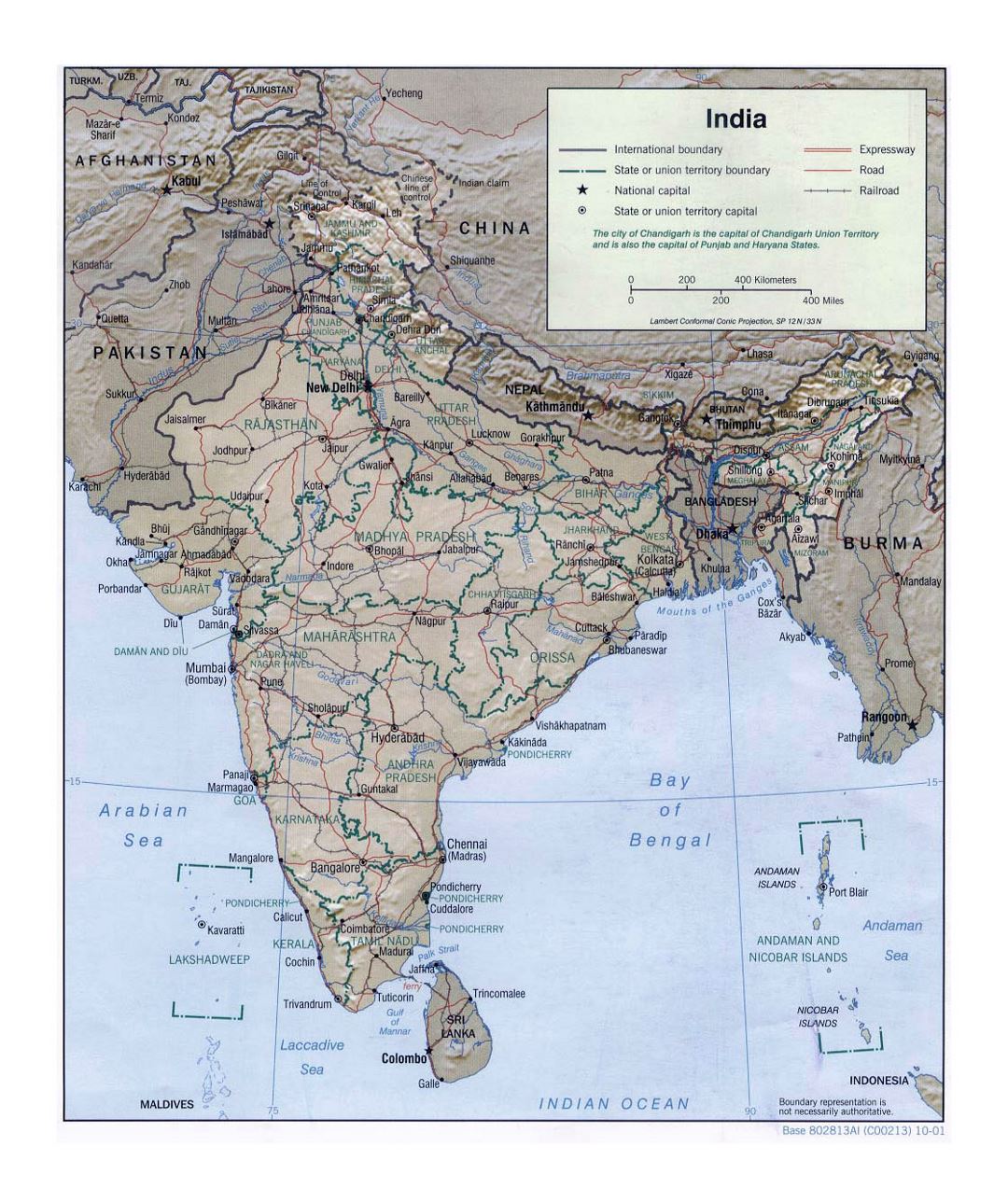 Large political and administrative map of India with relief, roads, railroads and major cities - 2001