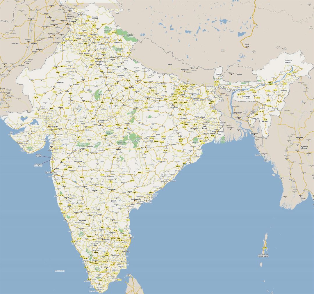 Large road map of India with national parks and cities
