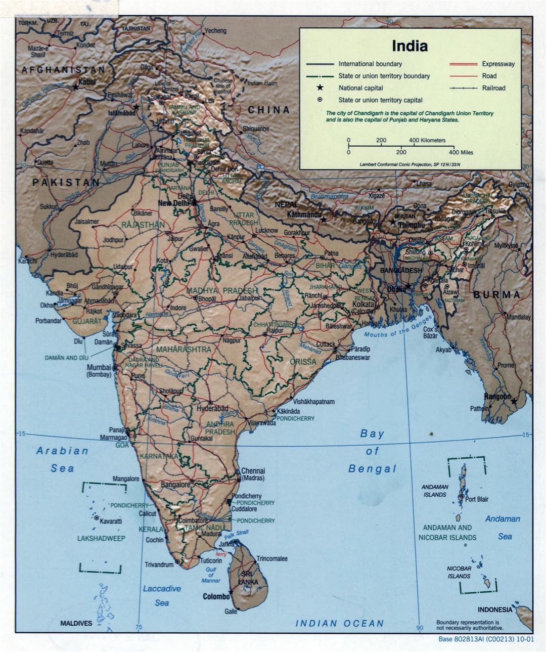 Large scale political and administrative map of India with relief, roads, railroads and major cities - 2001