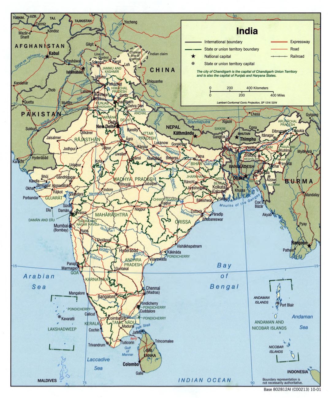Large scale political and administrative map of India with roads, railroads and major cities - 2001